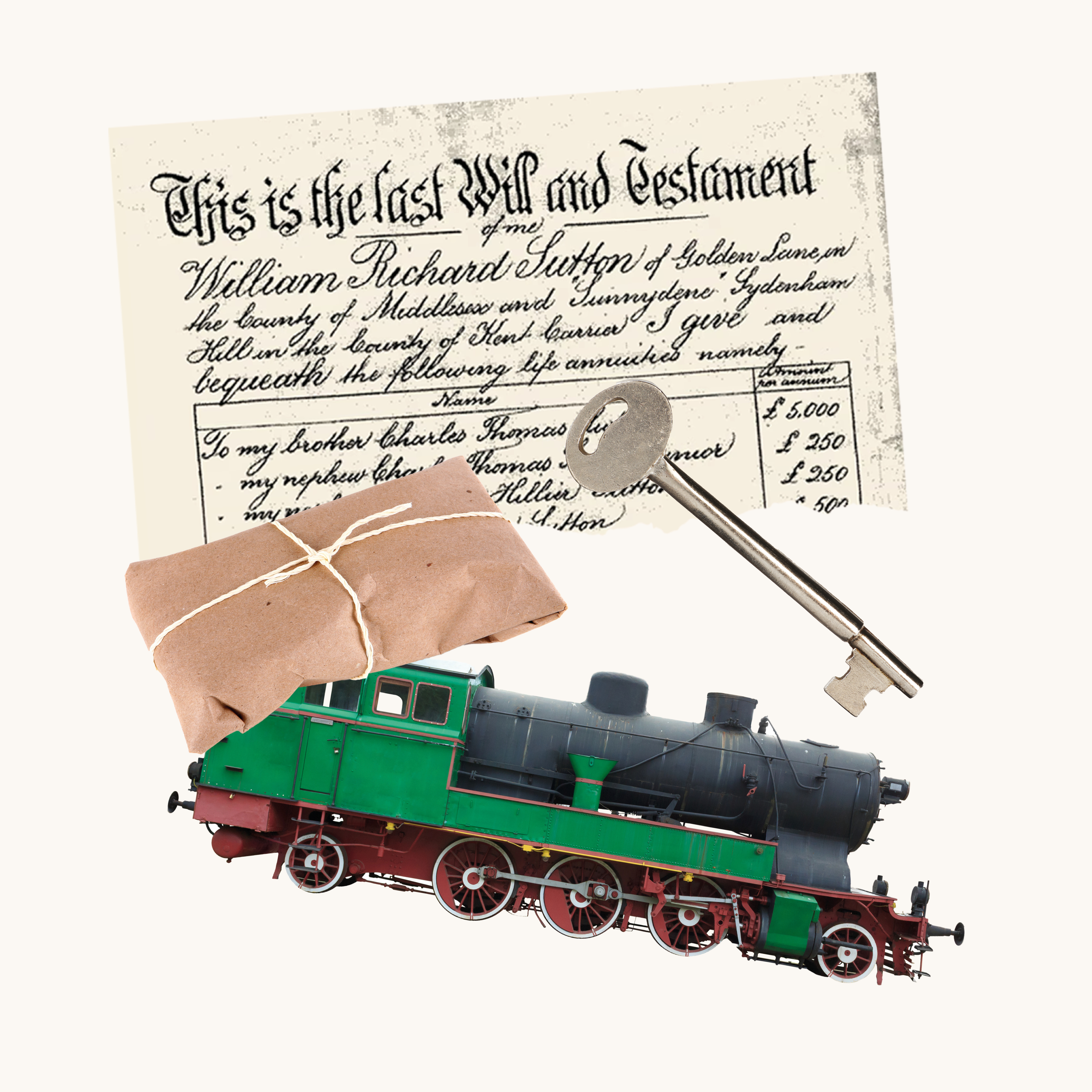 Collage of old document, keys, package and train